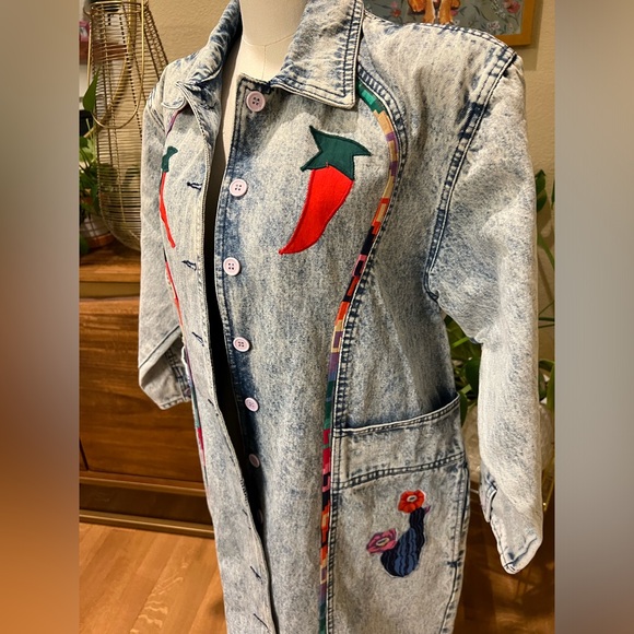 Vintage 80s Medium Acid Wash Denim Belma Button Trench Coat Jean Jacket Duster - Picture 2 of 10